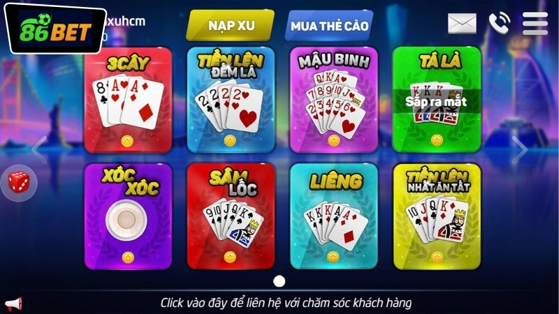 Các tựa game bài đổi thưởng 86BET phổ biến nhất hiện nay